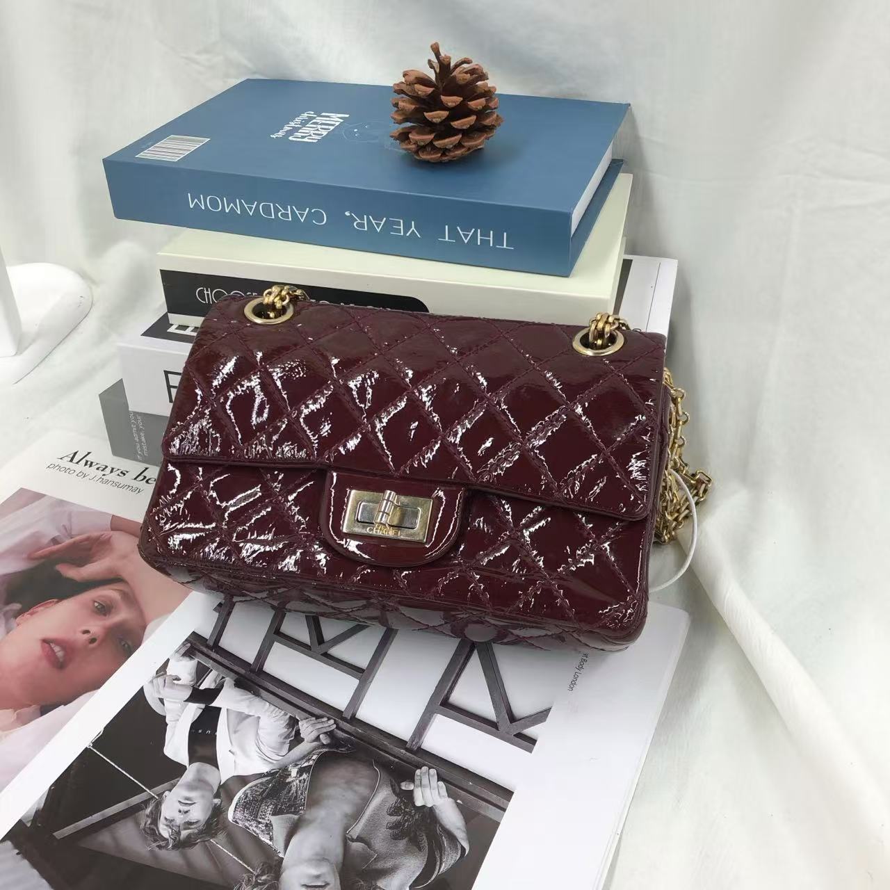 Chanel 2.55 Mini Reissue Quilted Burgundy Patent Leather Double Flap Gold HW-Luxbags