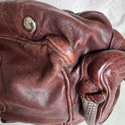 Prada Large Brown Washed Top Handle Bauletto Bag Calfksin Leather