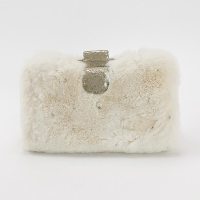 Chanel White Rabbit Fur Kiss Lock Clutch Chain Bag
