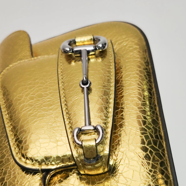 Gucci Horsebit 1955 Crackle Leather Shoulder Bag Gold Metallic