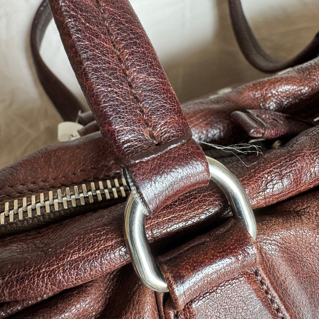 Prada Large Brown Washed Top Handle Bauletto Bag Calfksin Leather