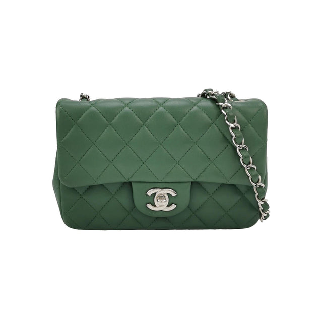 Chanel Classic Flap Mini 2019 Green Lambskin Leather Silver Hardware