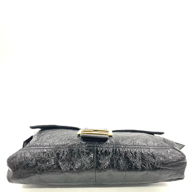 FENDI Baguette Large Black Crinkled Patent Leather Shoulder Bag