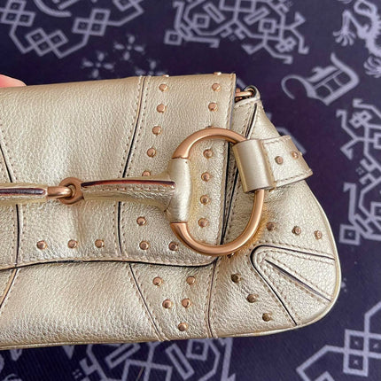 Sold Gucci Horsebit 1955 Chain Bag Pearlescent Gold Leather and Gold Studs