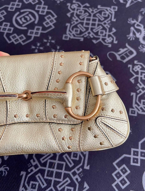 Sold Gucci Horsebit 1955 Chain Bag Pearlescent Gold Leather and Gold Studs