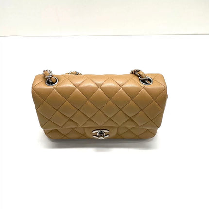 Chanel Classic Flap Rectangulaire Mini Cuir d'Agneau Beige Métal Argenté 2018