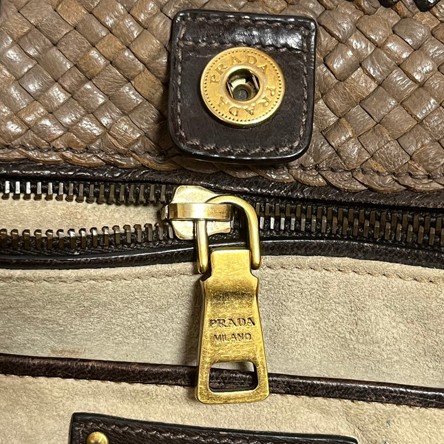 Prada Madras Brown Woven Leather Top Handle Shopping Tote