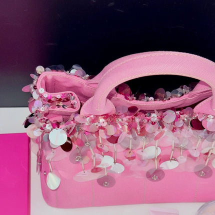 Prada Canape Small Pink Canvas with Sequins Top Handle Bag with Strap Rare
