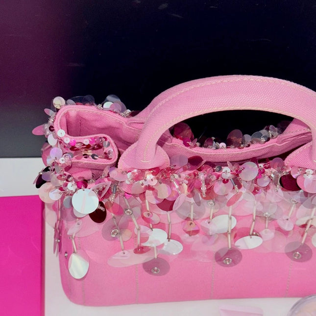 Prada Canape Small Pink Canvas with Sequins Top Handle Bag with Strap Rare