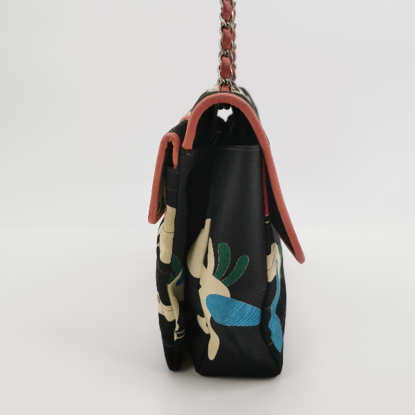 Chanel 2.55 Flap Bag Vintage Chocolate Bar Multipocket 2000 Large Black Fabric with Bird Print