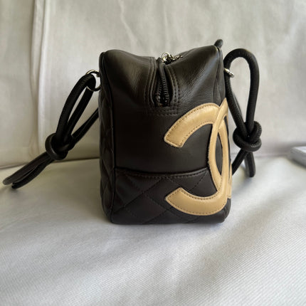 Chanel Cambon Medium Shoulder Bag Brown Calfskin Leather Snake-skin CC Logo Black Double Strap