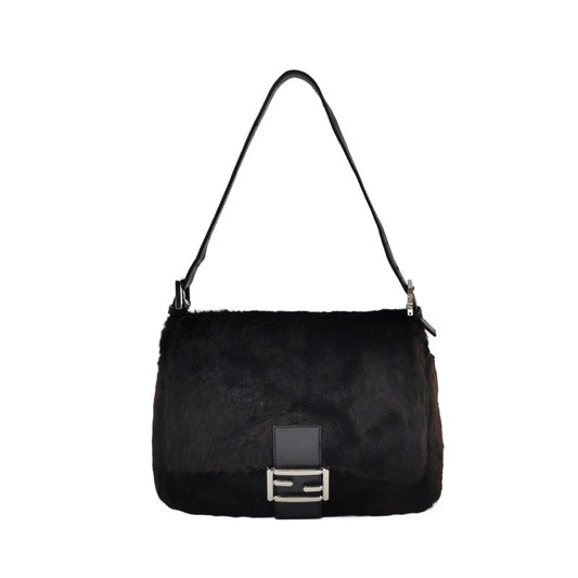 Fendi Mamma Baguette Black Faux Fur Shoulder Bag-Luxbags