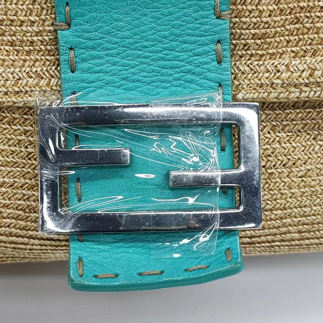 Sold Fendi Mamma Baguette Raffia Straw with Blue Leather