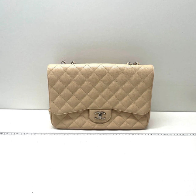 Chanel Classic Flap Jumbo 2009 Beige Caviar Leather Single Flap Silver Hardware