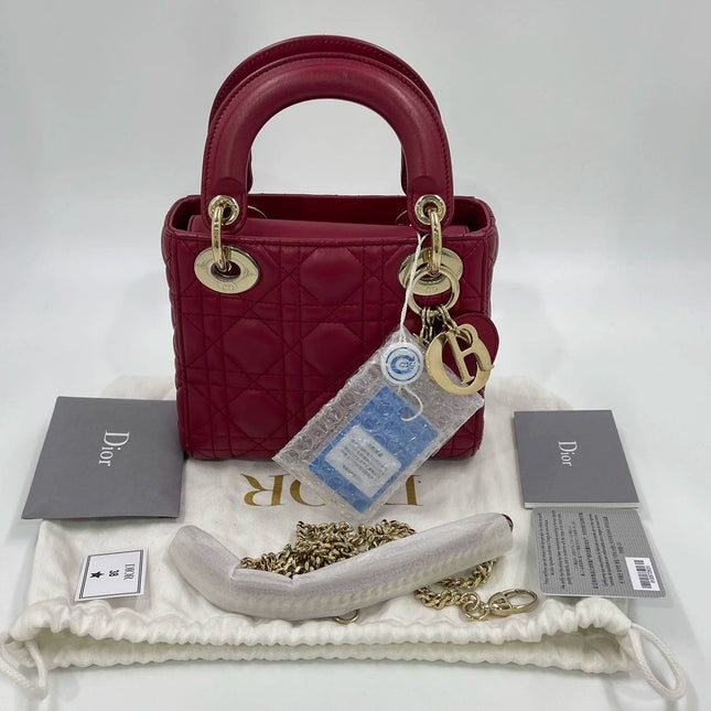 Lady Dior Mini Burgundy Lambskin Leather Gold HW Chain Strap