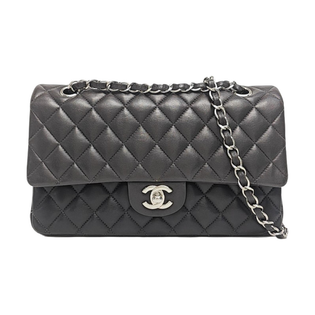 Chanel Timeless Classic Flap Medium Grey Lambskin Leather Silver Hardware-Luxbags