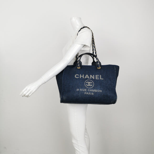 Chanel Deauville Tote Medium Navy Raffia Top Handle with Chains
