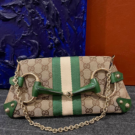 Gucci Horsebit 1955 Chain Bag Gucci Monogram Green Leather and Gold Studs