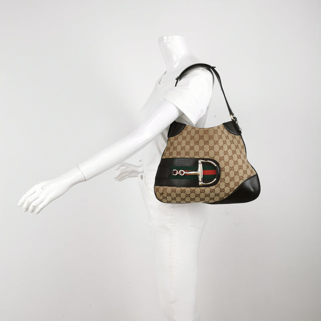 Gucci Large Vintage Brown Monogram and Leather Side Horsebit Shoulder Bag