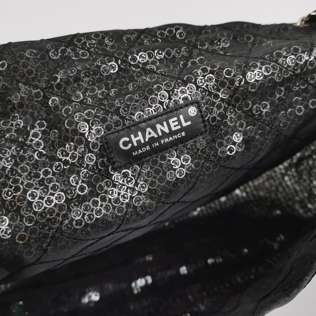 Chanel Black Mesh and Sequins Jumbo Maxi Classic Flap Silver Hardware 2008