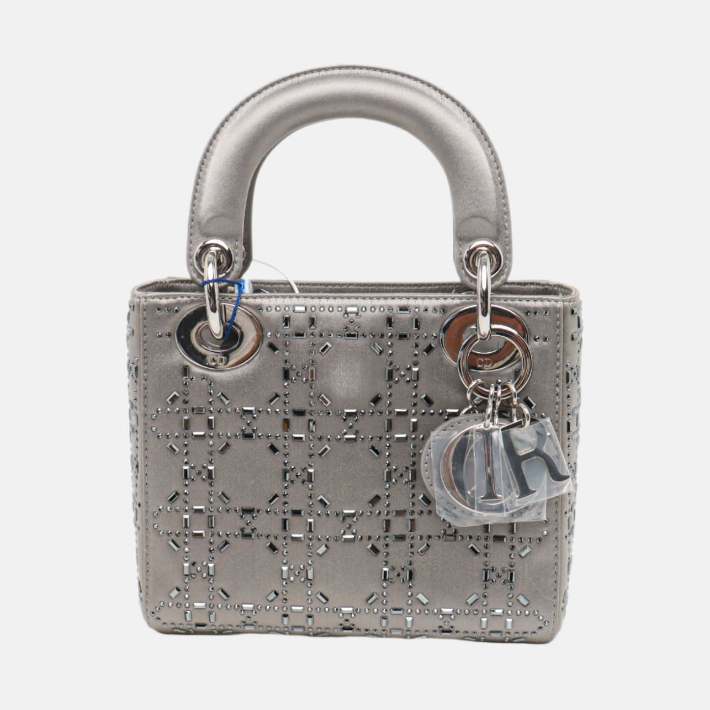 Lady Dior Mini Grey Silk with Crystals Silver Hardware-Luxbags