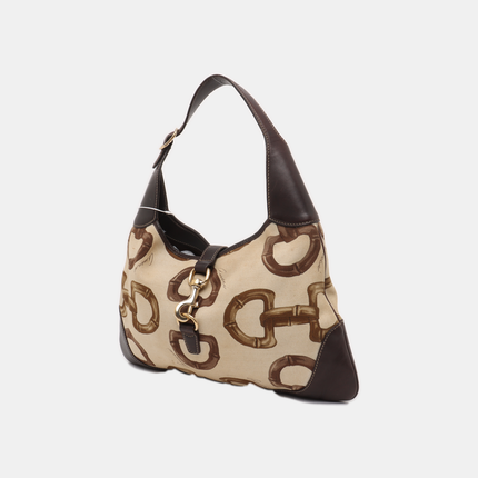 Gucci Jackie Vintage Medium Horsebit Print Cloth and Brown Leather Gold Hardware