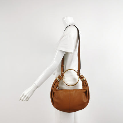 CHLOÉ Bracelet Hobo Embellished Brown Glossed Textured-leather Shoulder Bag