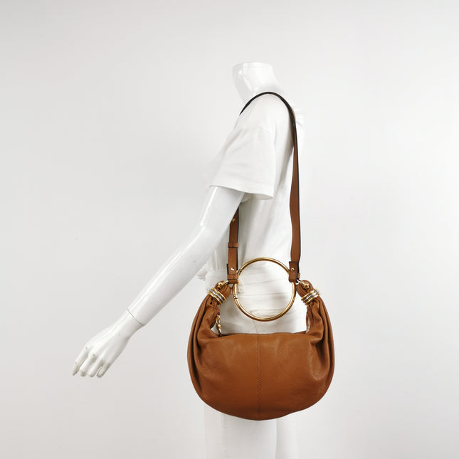 CHLOÉ Bracelet Hobo Embellished Brown Glossed Textured-leather Shoulder Bag