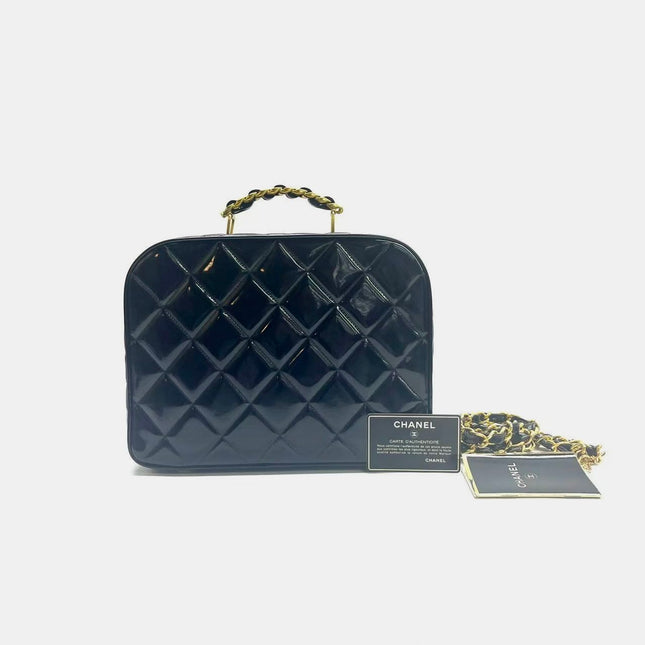 Chanel Vanity Case Vintage Black Patent Leather Top Handle with Strap