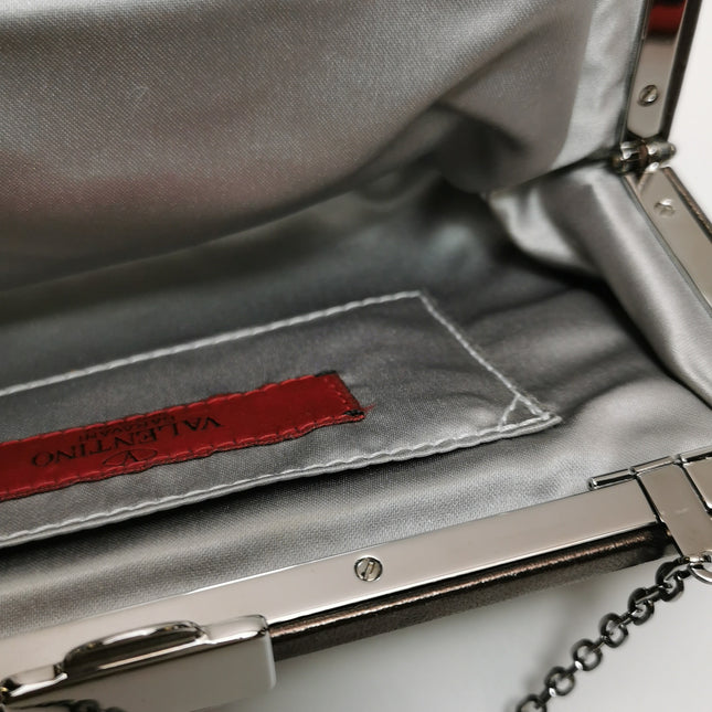 Valentino Flower And Crystal Embellished Metallic Copper Lambskin Leather Clutch