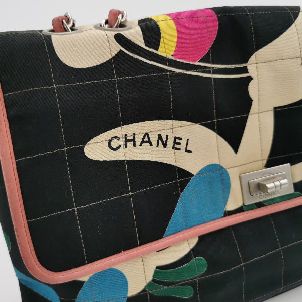 Chanel 2.55 Flap Bag Vintage Chocolate Bar Multipocket 2000 Large Black Fabric with Bird Print
