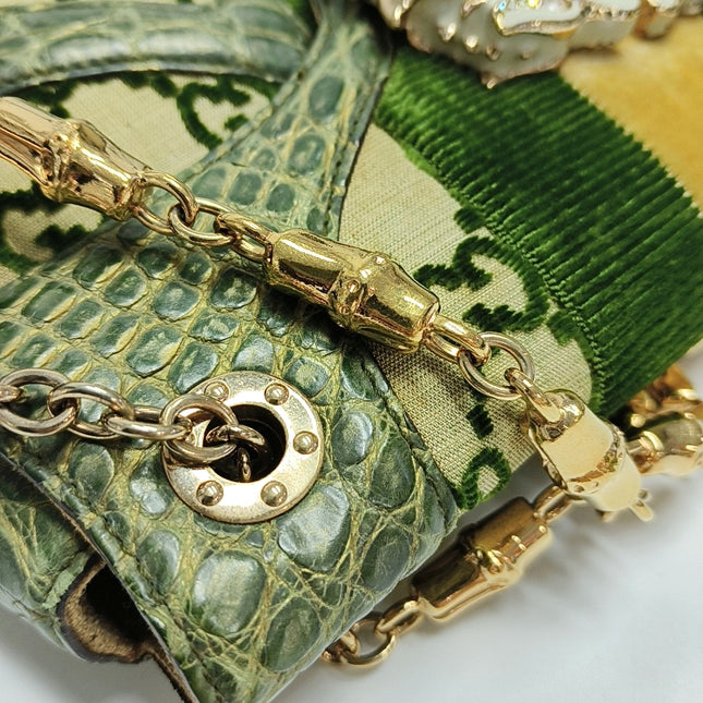 Gucci Jeweled Dragon Bag Green Crocodile and GG Velvet Bamboo Chain Strap Shoulder Bag