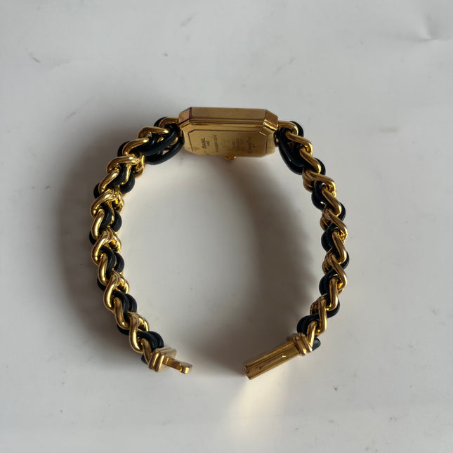 CHANEL 1987 Vintage PREMIERE Watch L Black Leather and 24KT Yellow Gold Plated