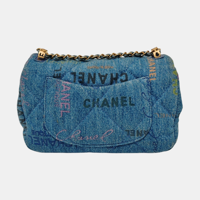 Chanel Classic Flap Mini Rectangular Blue Denim Jeans Gold Hardware Microchip