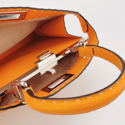 Fendi Peekaboo ISeeU Sellier Orange / White Interlace Leather Medium Top Handle Bag