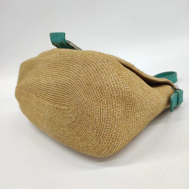 Sold Fendi Mamma Baguette Raffia Straw with Blue Leather