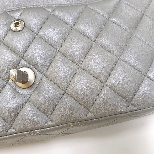 Chanel Timeless Classic Flap Medium Grey Lambskin Leather Silver Hardware
