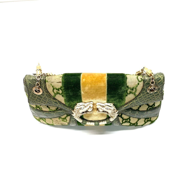 Gucci Jeweled Dragon Bag Green Crocodile and GG Velvet Bamboo Chain Strap Shoulder Bag