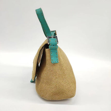 Sold Fendi Mamma Baguette Raffia Straw with Blue Leather