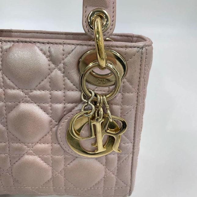 Lady Dior Mini Pearlescent Pink Lambskin Leather Gold HW Chain Strap
