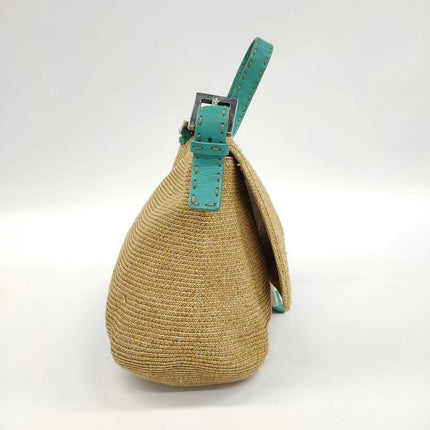 Sold Fendi Mamma Baguette Raffia Straw with Blue Leather