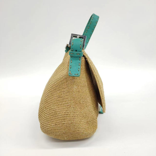Sold Fendi Mamma Baguette Raffia Straw with Blue Leather
