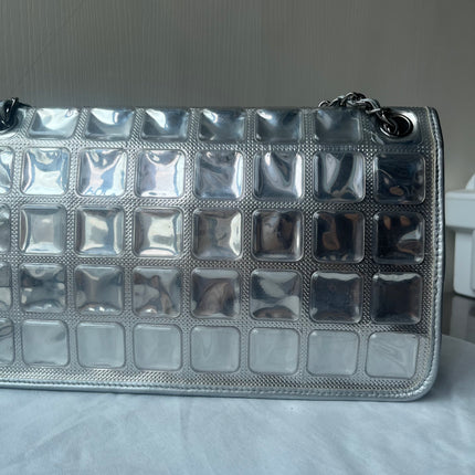 Chanel Ice Cube Chocolate Bar Classic Flap Metallic Silver PVC with Leather