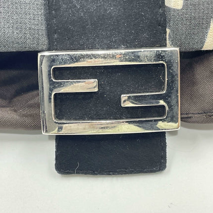Fendi Baguette Black Print Fabric and Furry Shoulder Bag