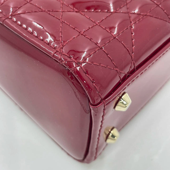 Lady Dior Mini Handbag Burgundy Red Patent Leather Gold-tone Chain Strap