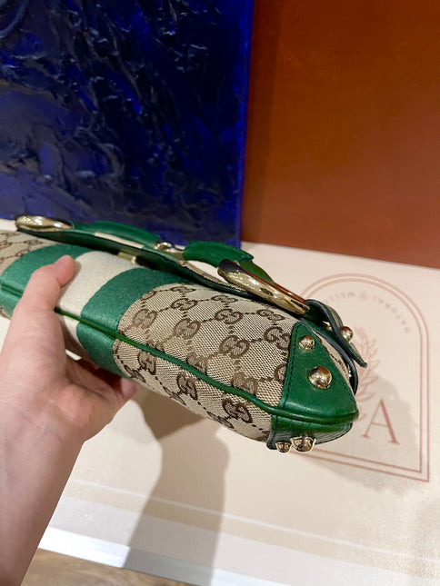 Gucci Horsebit 1955 Chain Cloth Green Web Monogram Leather and Gold Studs