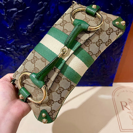Gucci Horsebit 1955 Chain Bag Gucci Monogram Green Leather and Gold Studs
