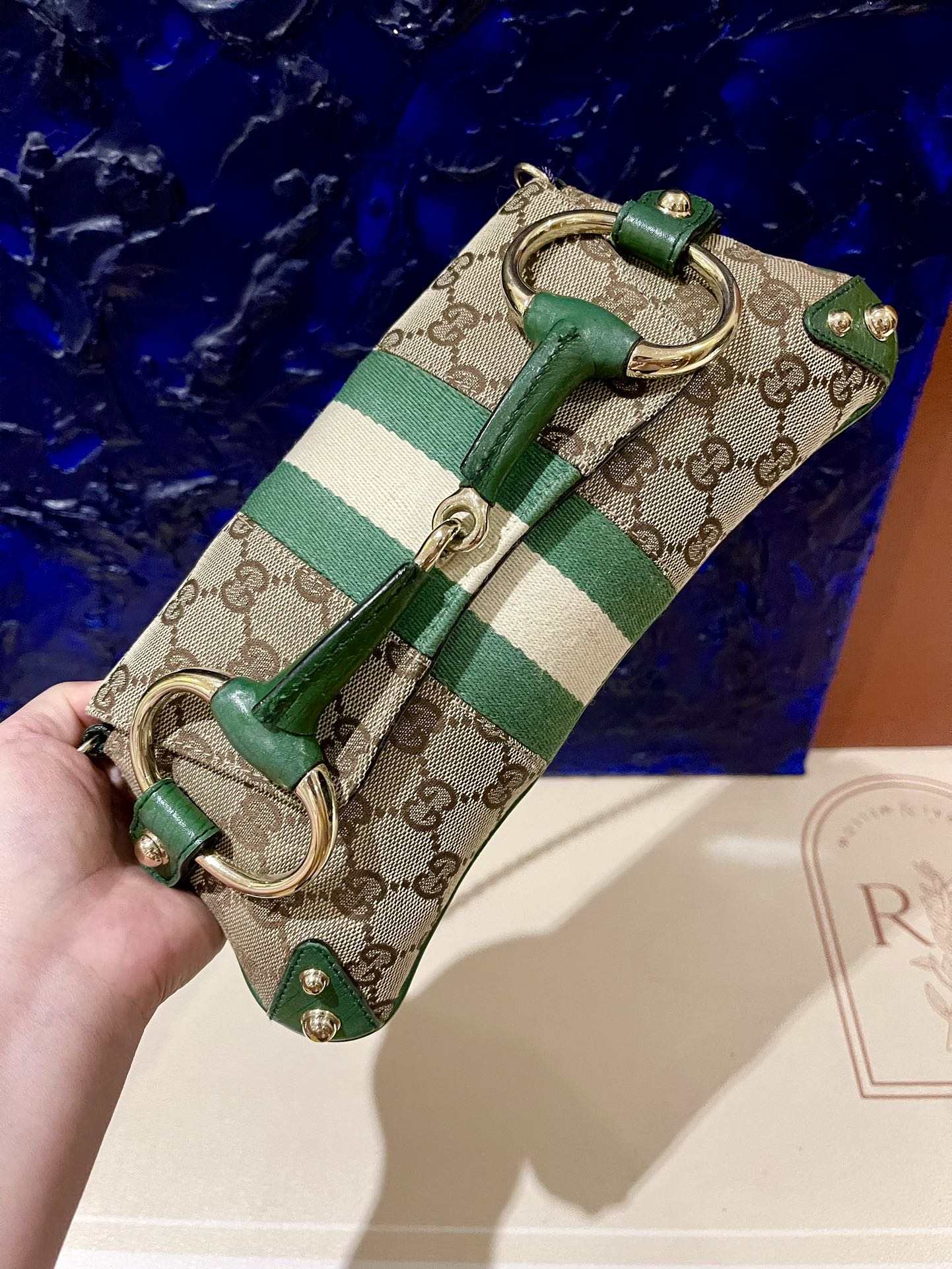 Gucci Horsebit 1955 Chain Bag Gucci Monogram Green Leather and Gold Studs