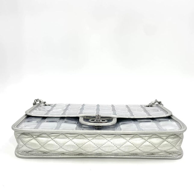 Chanel Ice Cube Chocolate Bar Classic Flap Metallic Silver PVC with Leather
