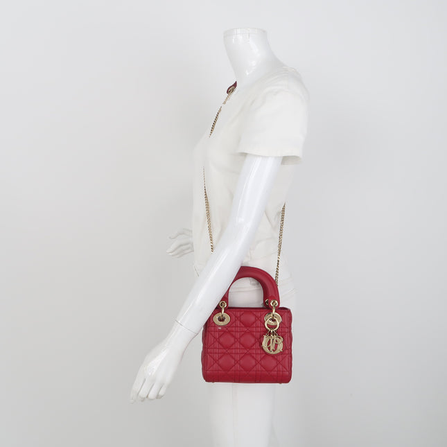 Lady Dior Mini Cuir d'Agneau Rouge Chaîne Bandoulière Métal Doré